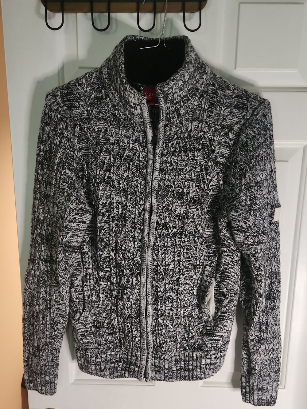 Guess Black & White Marled Zip-Up Knit Cardigan